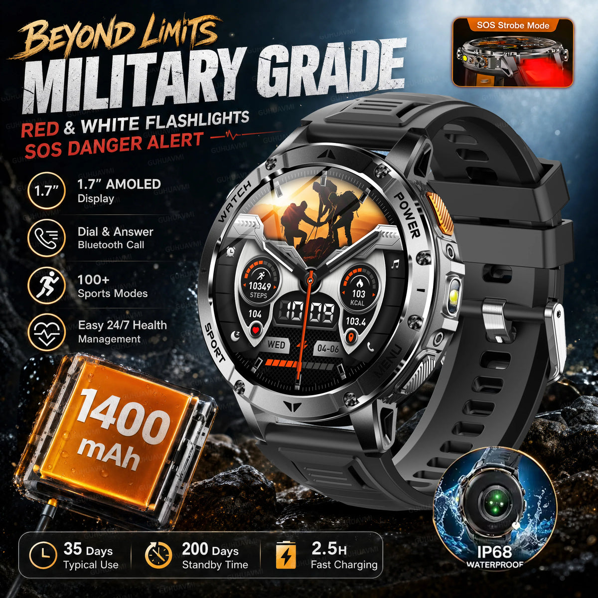 Military Smartwatch With Flashlight, Waterproof Design And Heart Rate Tracking