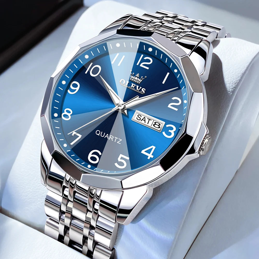 OLEVS Men Quartz Watch Stainless Steel Waterproof Luminous Date Dial