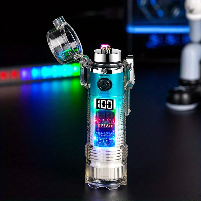 Transparent Cylindrical Electronic Pulse Lighter Flameless Arc Lighter with Flashlight Type-C Windproof Plasma Lighter Mens Gift