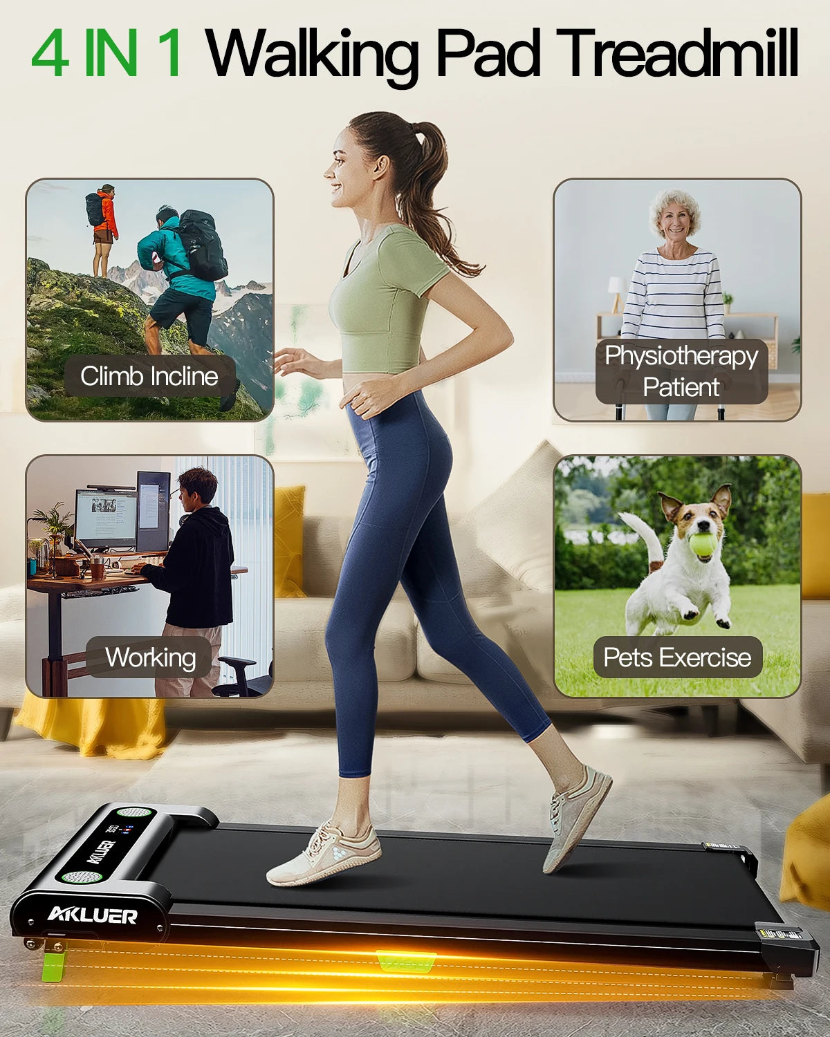 AKLUER Walking Pad with Incline, Under Desk Treadmill for Home, with Remote Control  LED Display, 2.5HP 4 in 1 Incline Treadmill
