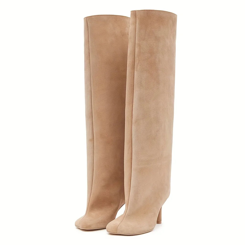 Women's Suede Knee High Boots Fashion Square Toe Stiletto Thin High Heels Pull On Party Dress Sexy Long Boots Woman