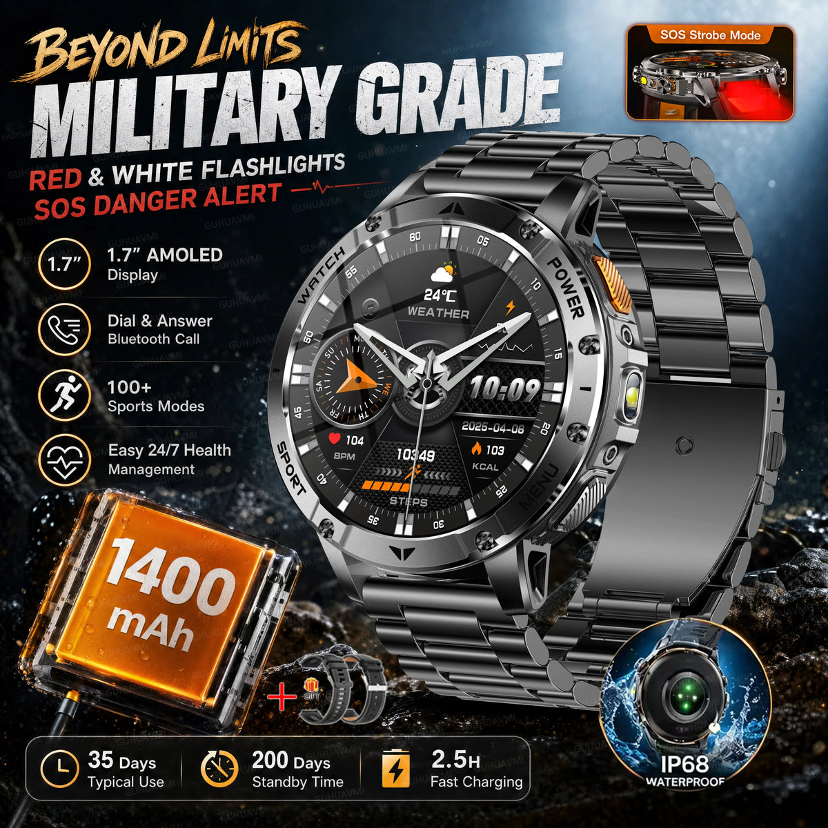 Military Smartwatch With Flashlight, Waterproof Design And Heart Rate Tracking