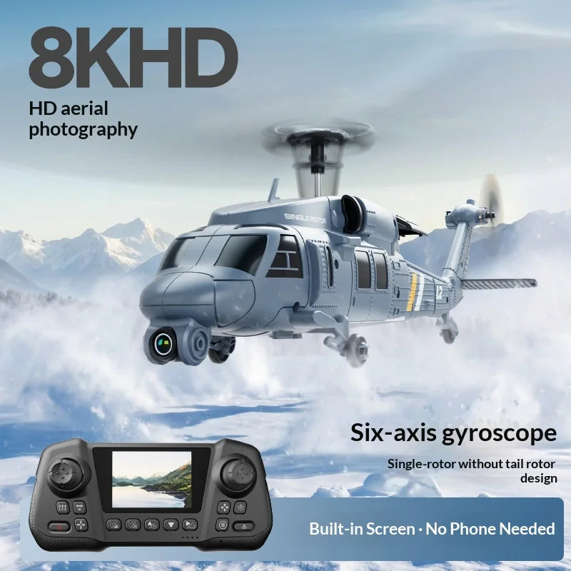 4DRC L2 RC Helicopter 8K Aerial Camera Builtin Screen Remote Control 6Axis Gyro Single Blade Black Hawk Apache Military For Boys