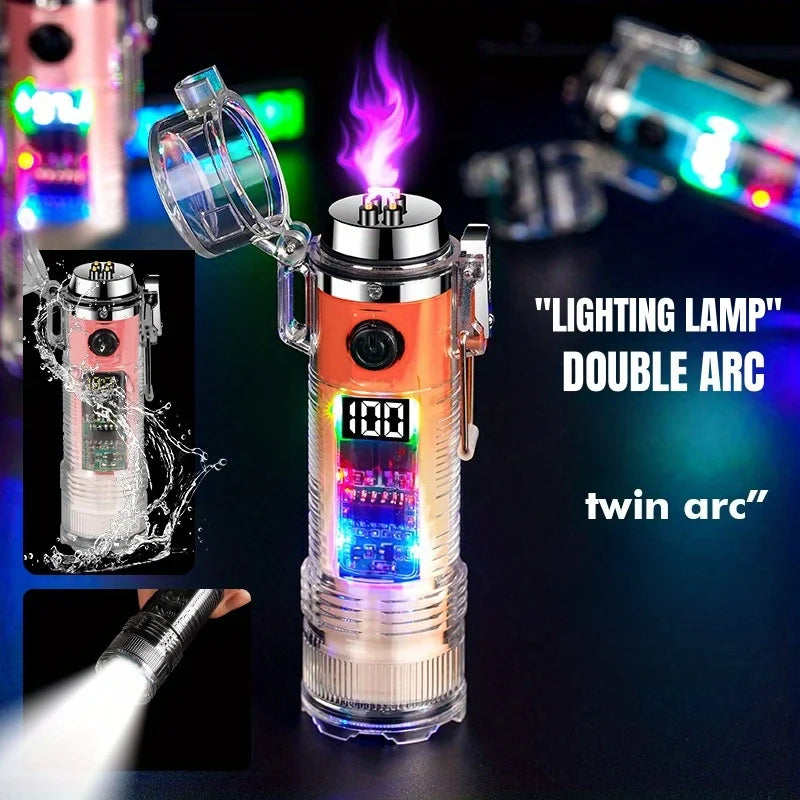 Transparent Cylindrical Electronic Pulse Lighter Flameless Arc Lighter with Flashlight Type-C Windproof Plasma Lighter Mens Gift