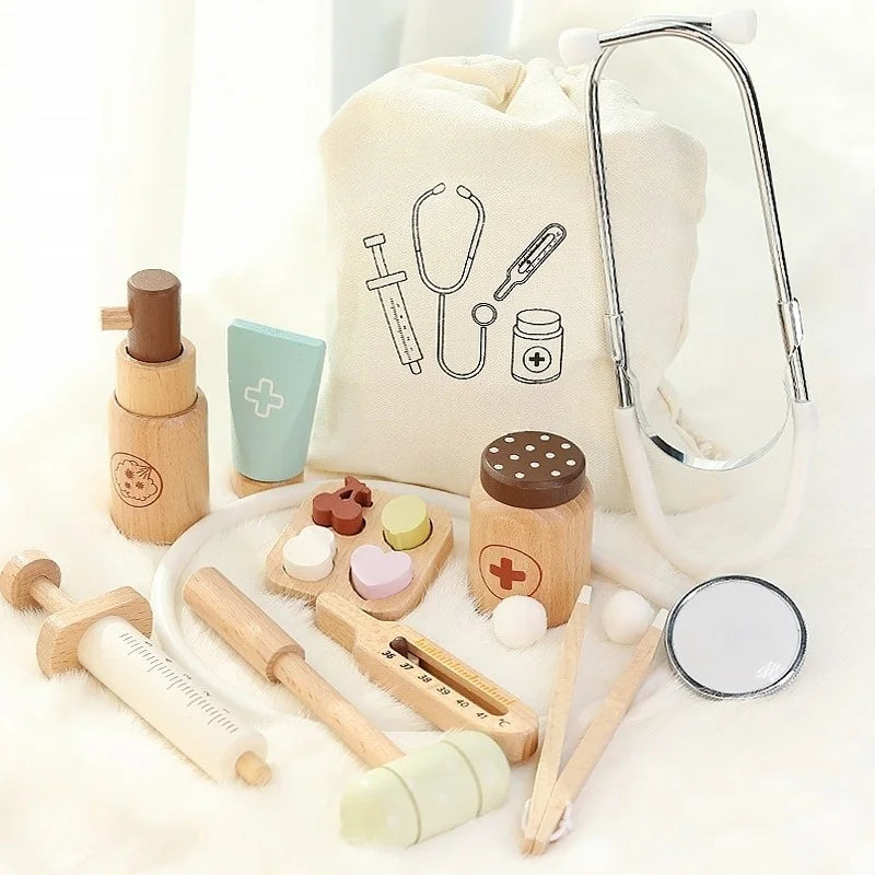 Wooden Doctor Pretend Play Kit With Stethoscope And Medical Tools