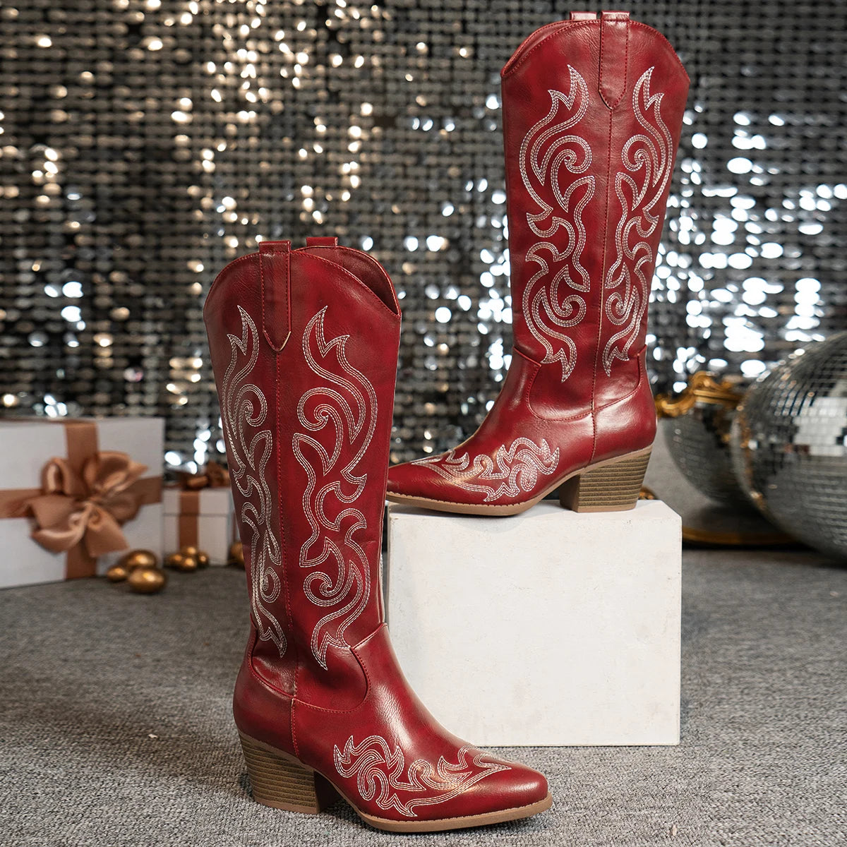 Women's Retro Western Embroidered Cowboy Boots - Pointed Toe High Block Heel, Faux Cover with Fabric Lining & TPR Sole, Zipper C