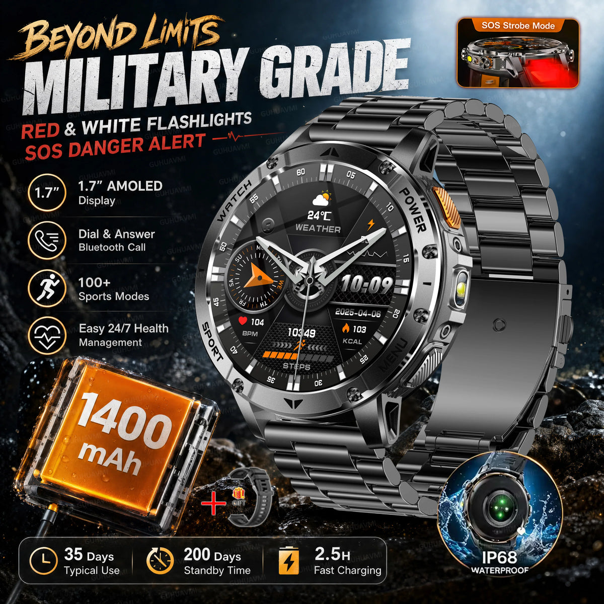 Military Smartwatch With Flashlight, Waterproof Design And Heart Rate Tracking