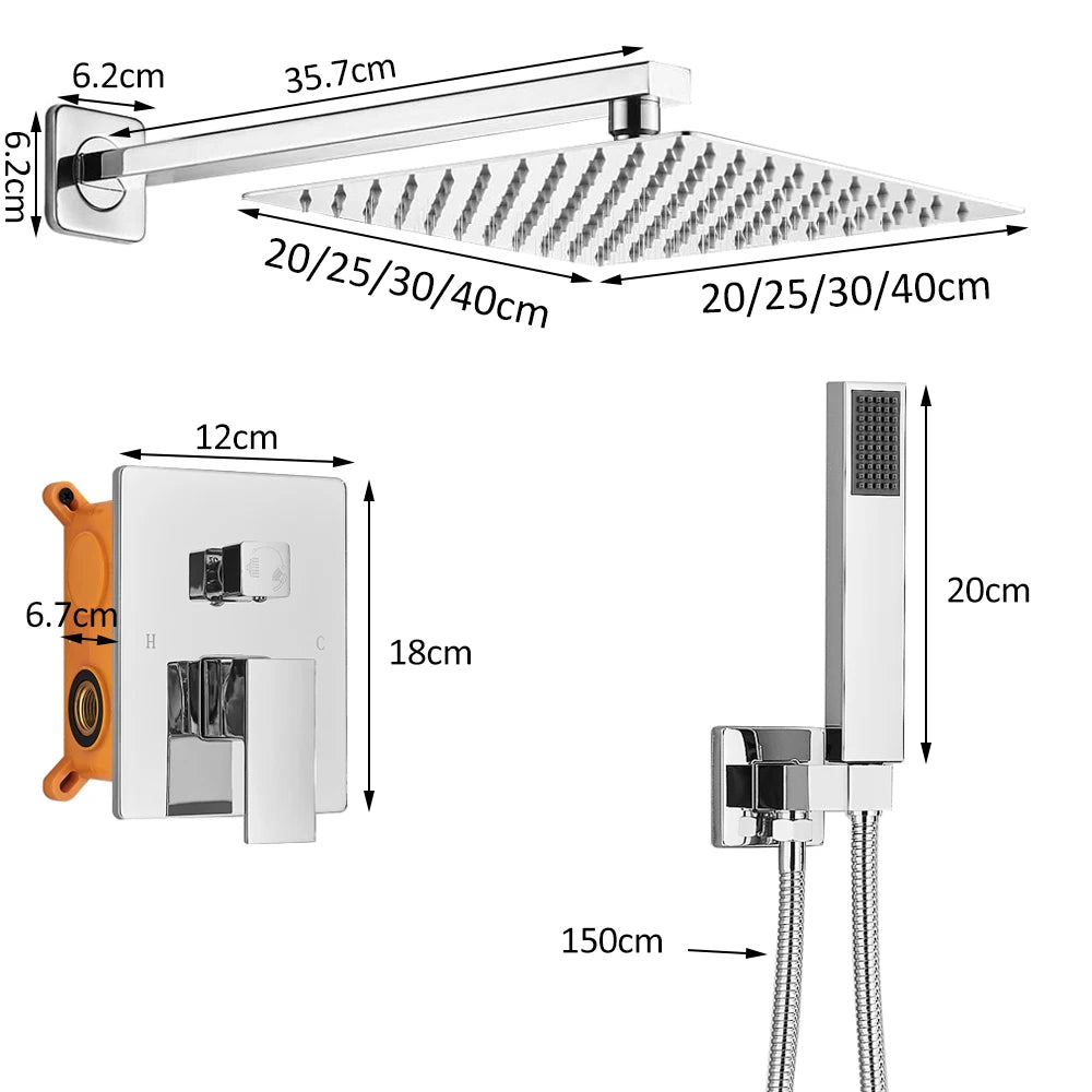 Chrome Concealed Shower Faucet System 2-way Rainfall Bathroom Mixer Bathtub Tap with Hand Sprayer