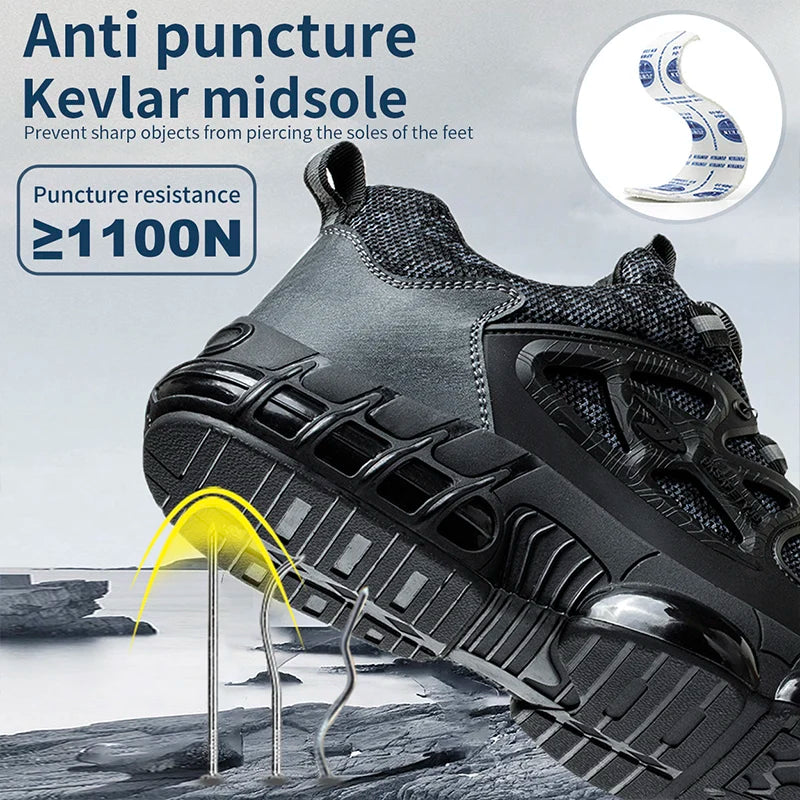 Slack-stab-proof work shoes with elastic buttons and lace-up