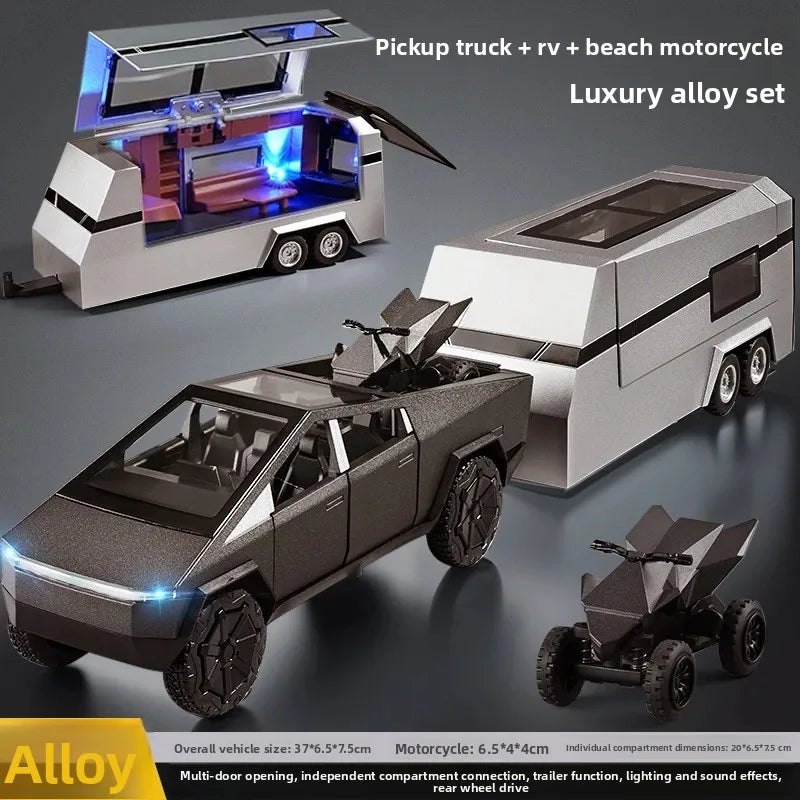 Cyber Truck Pickup Trailer RV Metal Alloy Toy Car Model Die-Casting Off-Road Vehicle Men's Gift Collection Truck Ornaments