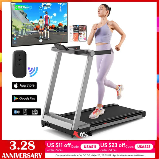 3.5HP Foldable Incline Home Treadmill Walking Pad with Handle Bar Holder 350LBS Capacity Touch Screen Smart App Data Monitoring