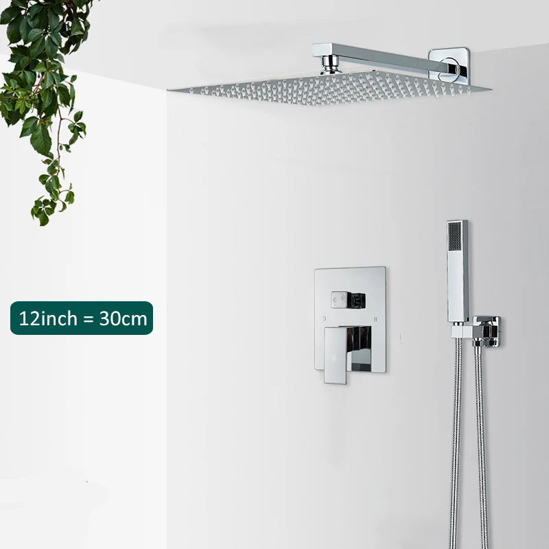 Chrome Concealed Shower Faucet System 2-way Rainfall Bathroom Mixer Bathtub Tap with Hand Sprayer