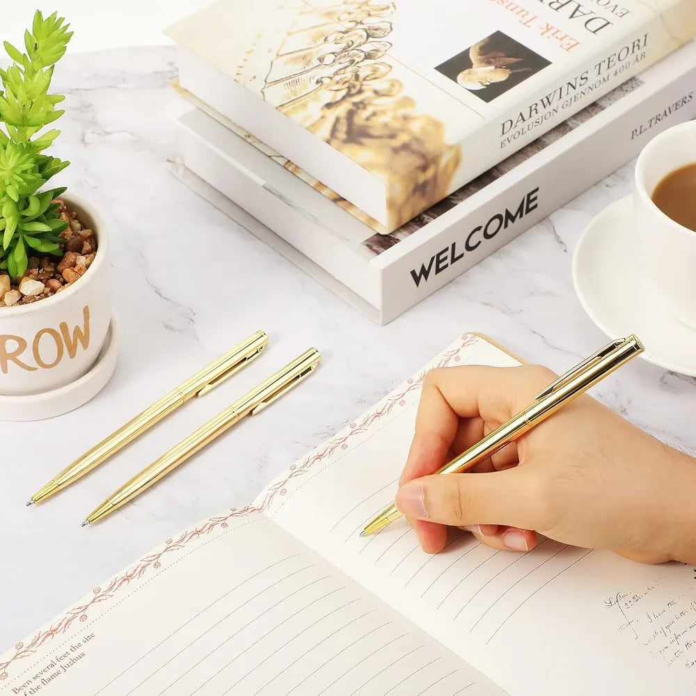 100 Pcs Gold Metal Slim Ballpoint Pens, retractable with black ink (1 mm), smooth writing for office, weddings, and gifts.