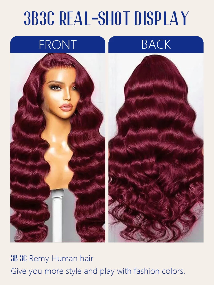 3B 3C Wine Red Colored Body Wave Human Hair Burgundy Wig 220 Density HD Lace Frontal Wigs Burgundy 99J