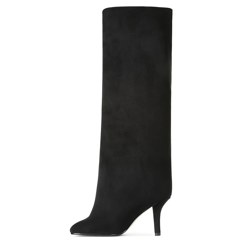 Women's Suede Knee High Boots Fashion Square Toe Stiletto Thin High Heels Pull On Party Dress Sexy Long Boots Woman