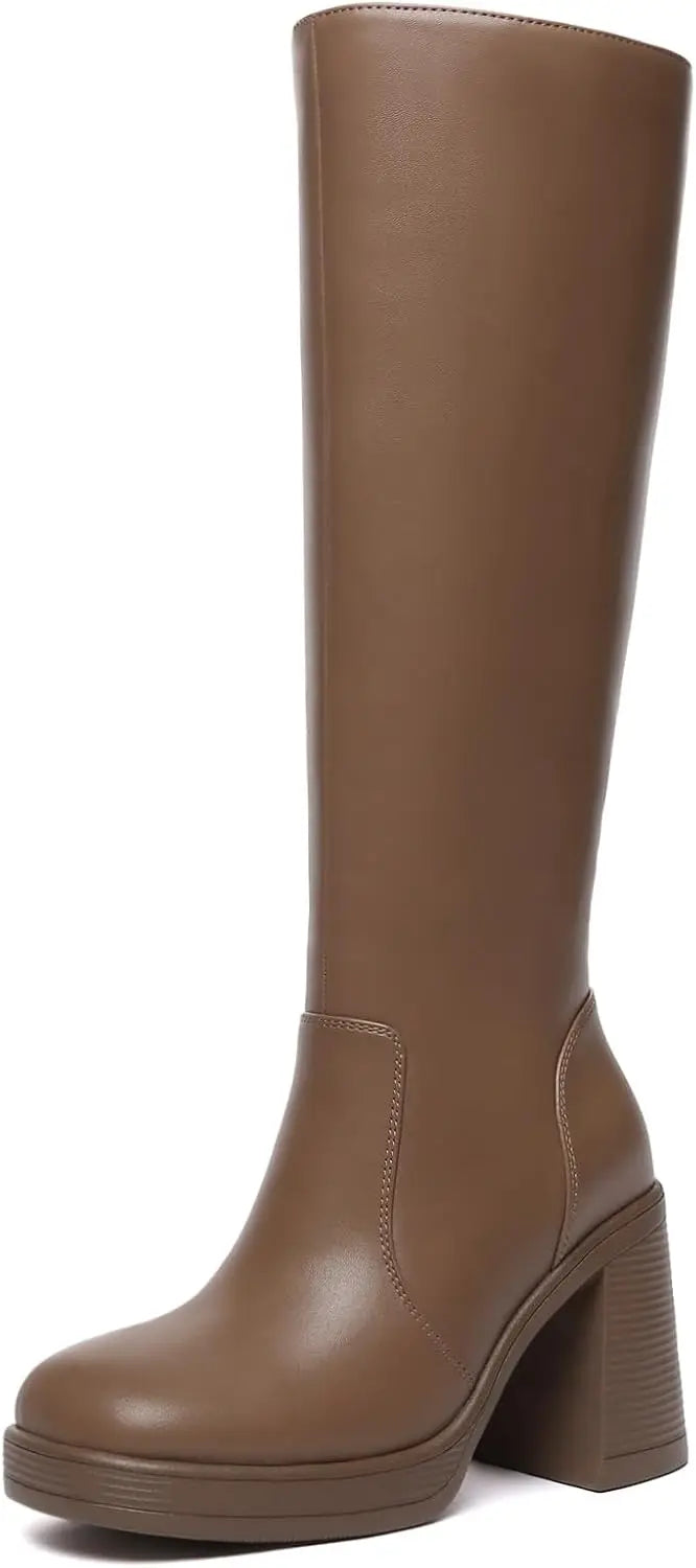 Knee High Platform Boots For Women Square Toe Chunky Heel