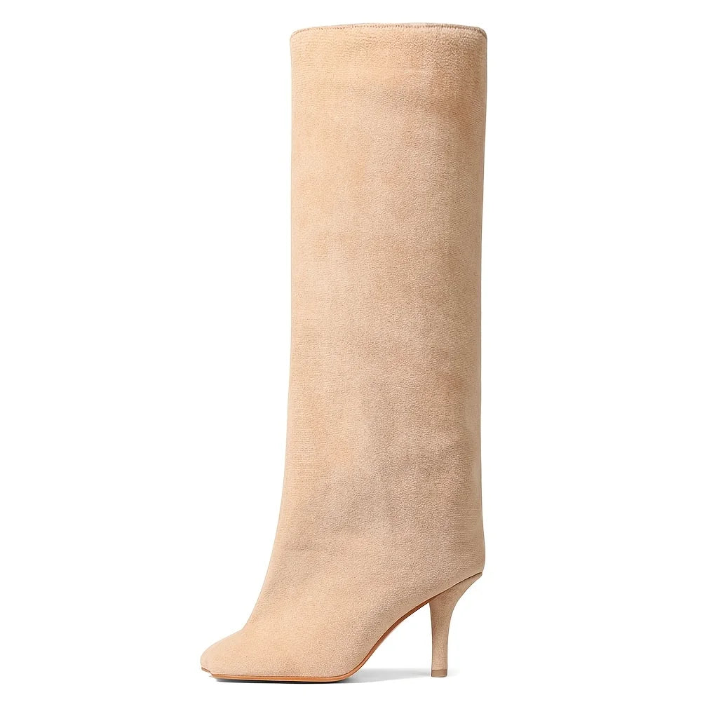 Women's Suede Knee High Boots Fashion Square Toe Stiletto Thin High Heels Pull On Party Dress Sexy Long Boots Woman