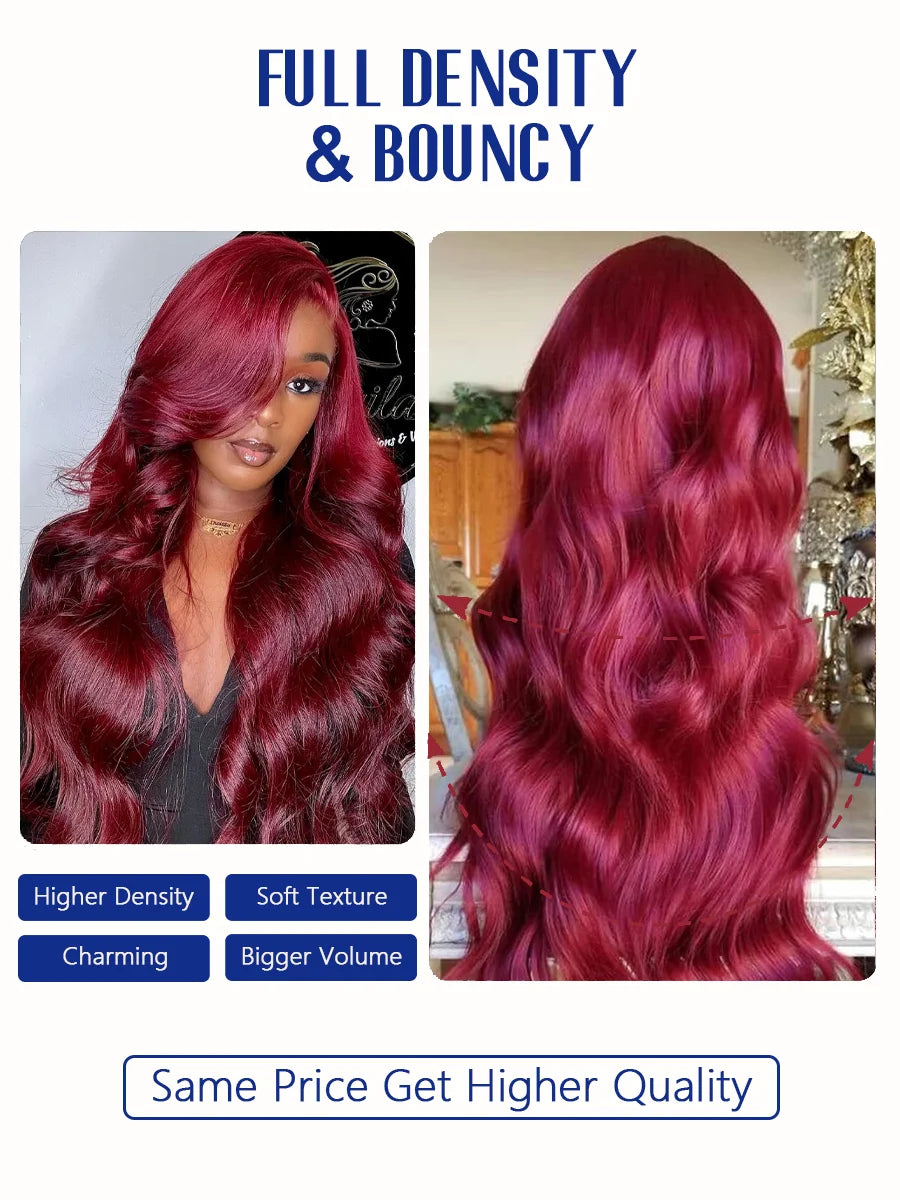 3B 3C Wine Red Colored Body Wave Human Hair Burgundy Wig 220 Density HD Lace Frontal Wigs Burgundy 99J