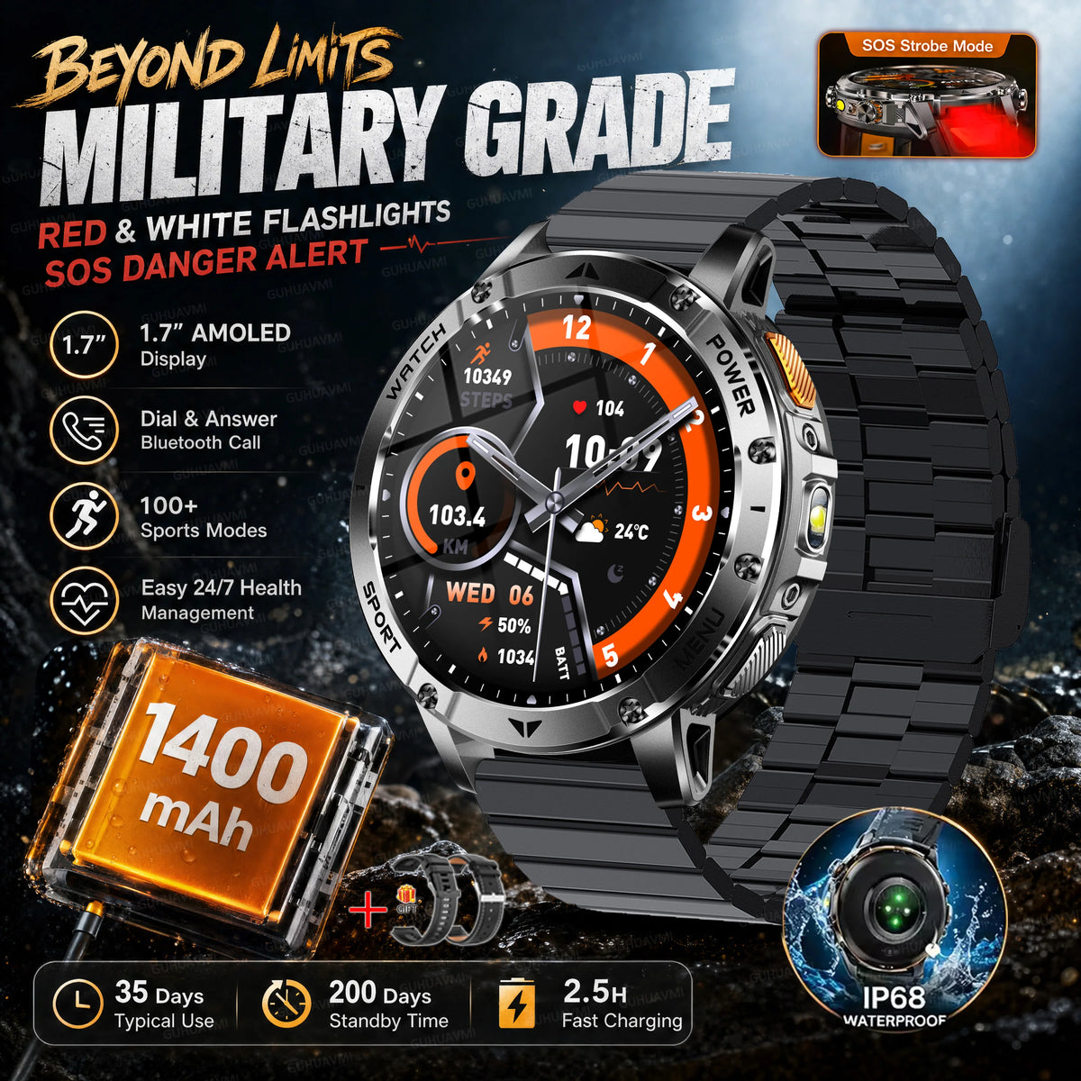 Military Smartwatch With Flashlight, Waterproof Design And Heart Rate Tracking