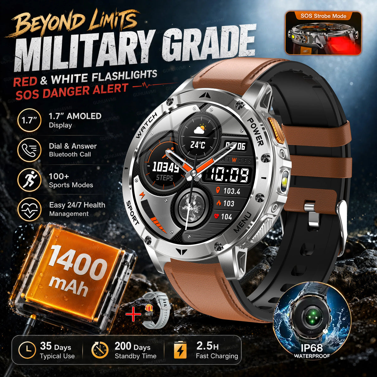 Military Smartwatch With Flashlight, Waterproof Design And Heart Rate Tracking