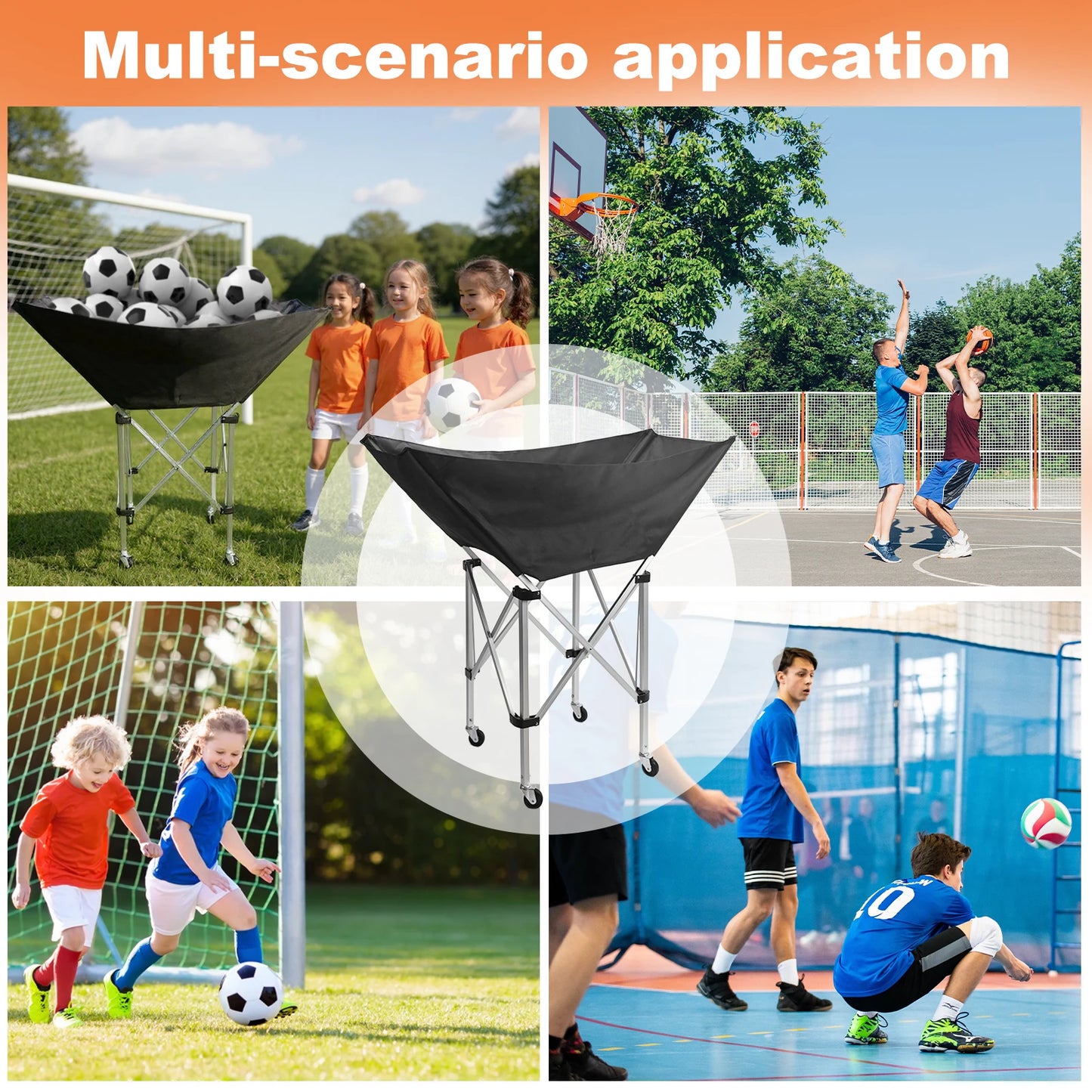 Collapsible Hammock Ball Cart with Wheels Volleyball Cart Volleyball Training Equipment Ball Holder for Volleyball Basketball