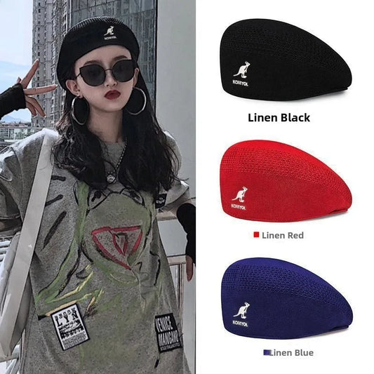 Kangaroo Beret Hat Women's Retro British Korean Trendy Painter Cap Summer Spring Animal Pattern Embroidery Versatile Fashion Hat