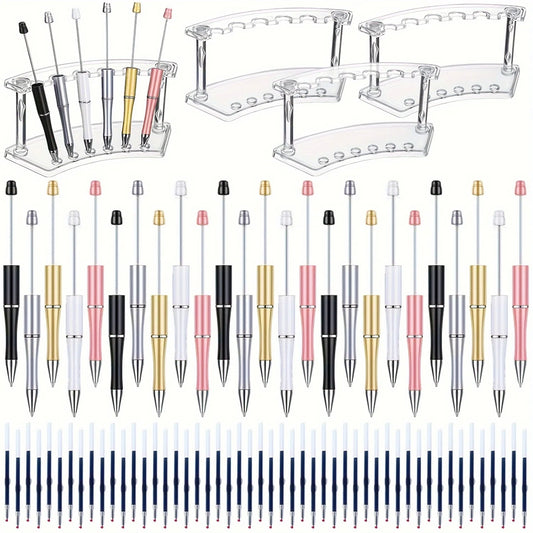 78 pcs Ballpoint Pen Set for Office Gifts, 25 Beadable Pens, 50 Refills, 3 Plastic Pen Display Rack, Essential Office Supplies