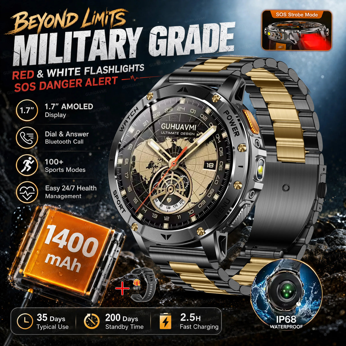 Military Smartwatch With Flashlight, Waterproof Design And Heart Rate Tracking