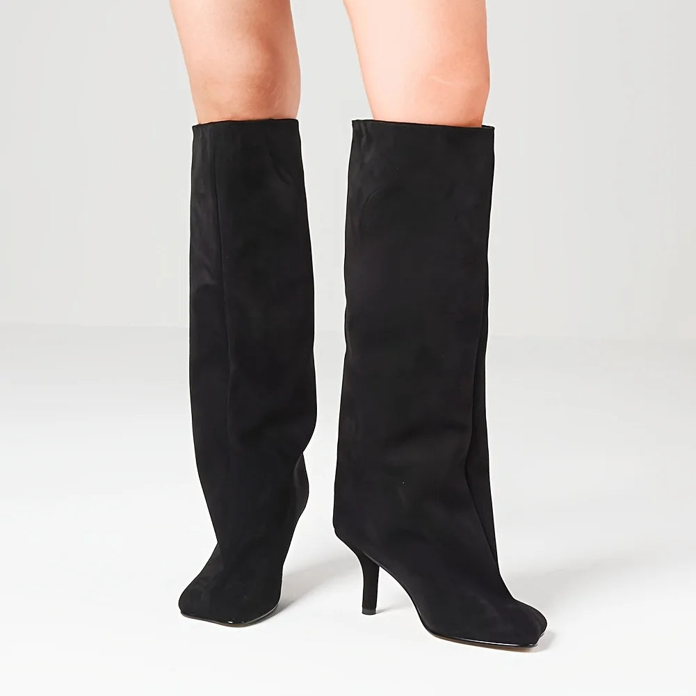 Women's Suede Knee High Boots Fashion Square Toe Stiletto Thin High Heels Pull On Party Dress Sexy Long Boots Woman