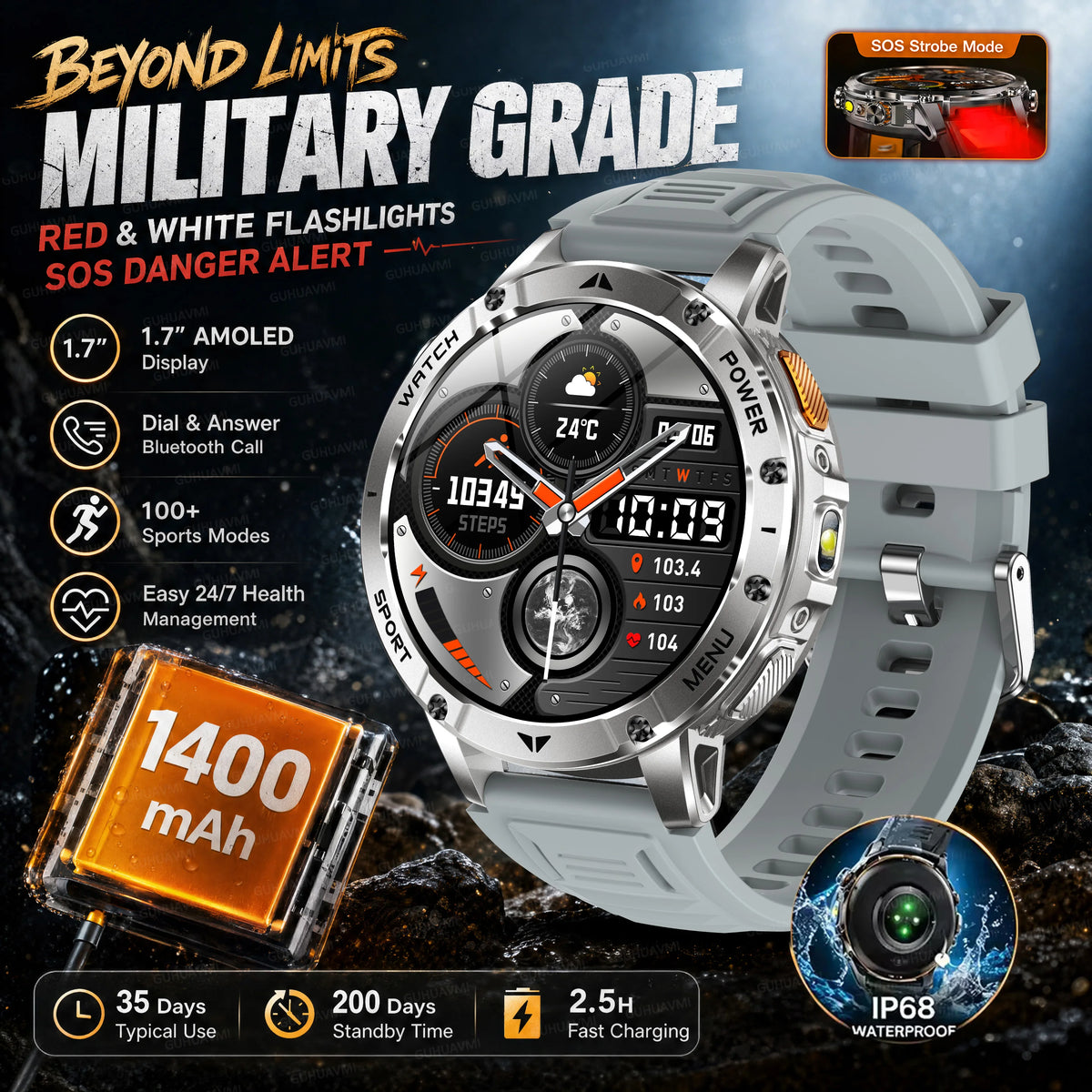 Military Smartwatch With Flashlight, Waterproof Design And Heart Rate Tracking