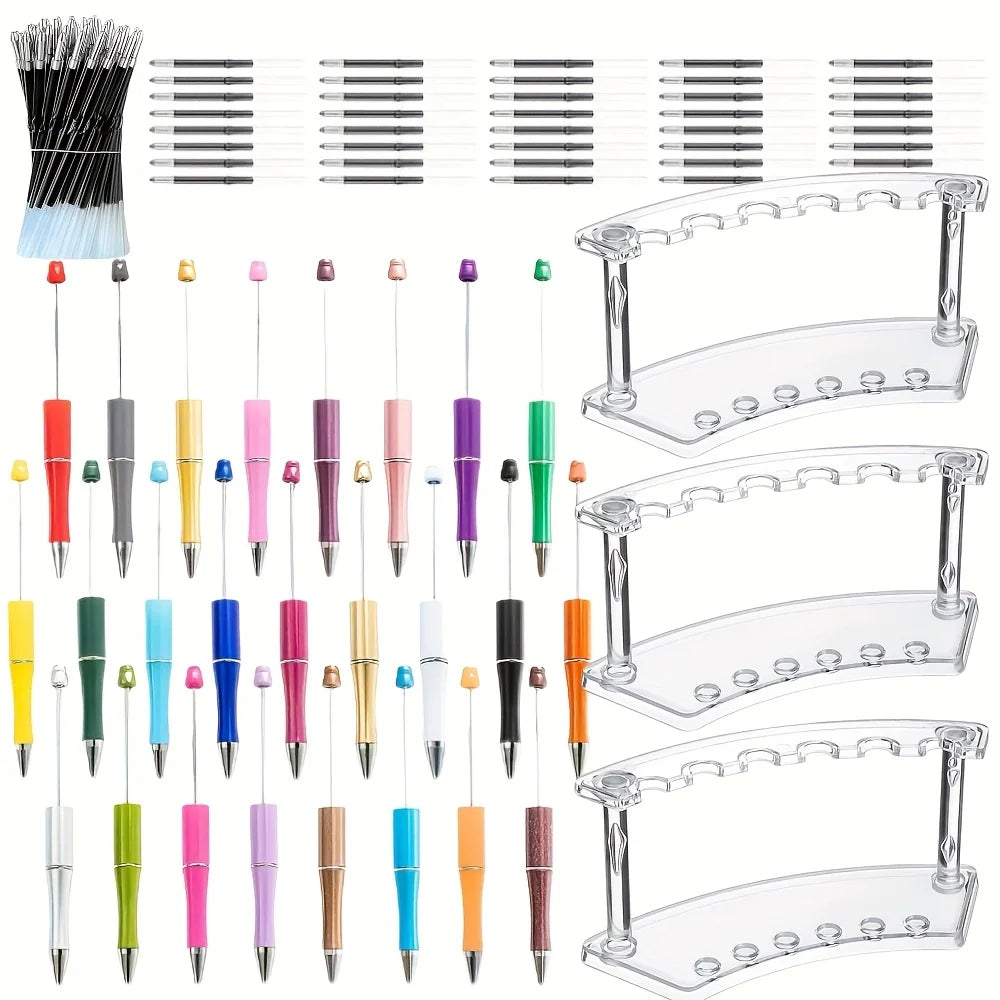 78 pcs Ballpoint Pen Set for Office Gifts, 25 Beadable Pens, 50 Refills, 3 Plastic Pen Display Rack, Essential Office Supplies