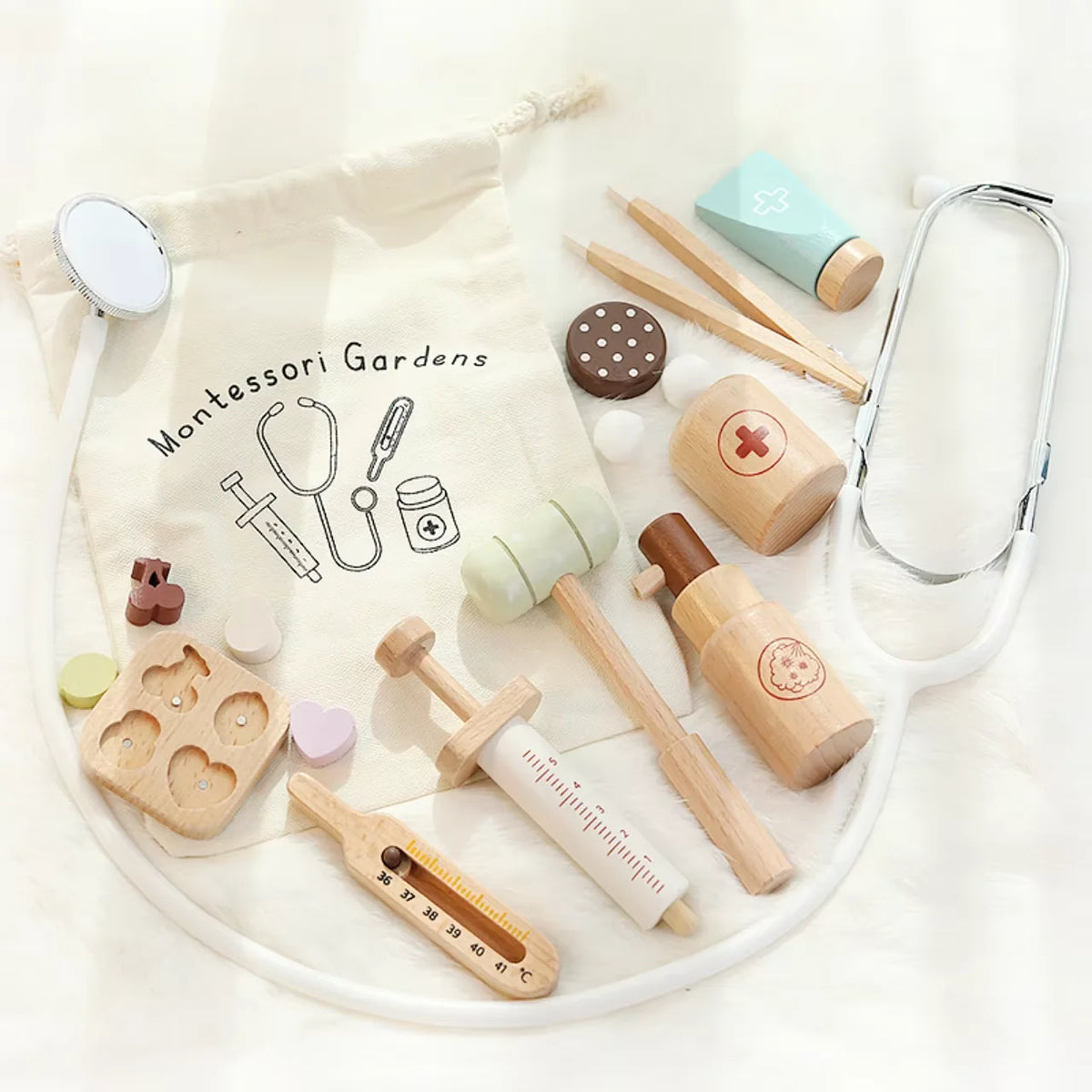 Wooden Doctor Pretend Play Kit With Stethoscope And Medical Tools