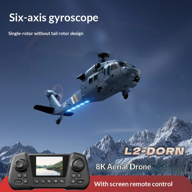 4DRC L2 RC Helicopter 8K Aerial Camera Builtin Screen Remote Control 6Axis Gyro Single Blade Black Hawk Apache Military For Boys