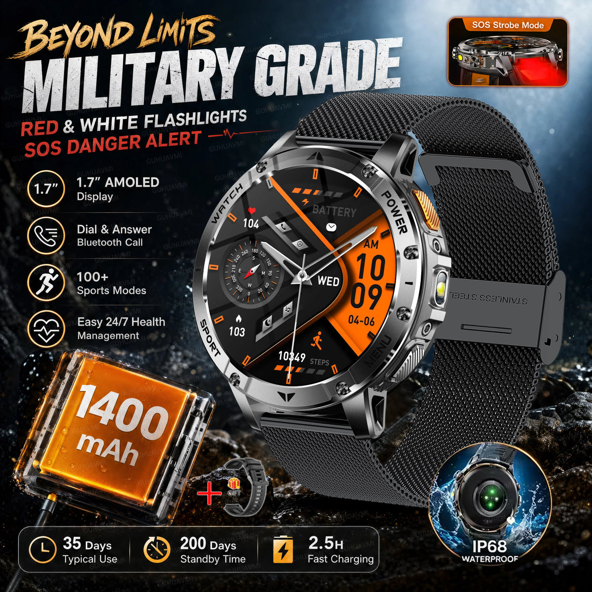 Military Smartwatch With Flashlight, Waterproof Design And Heart Rate Tracking