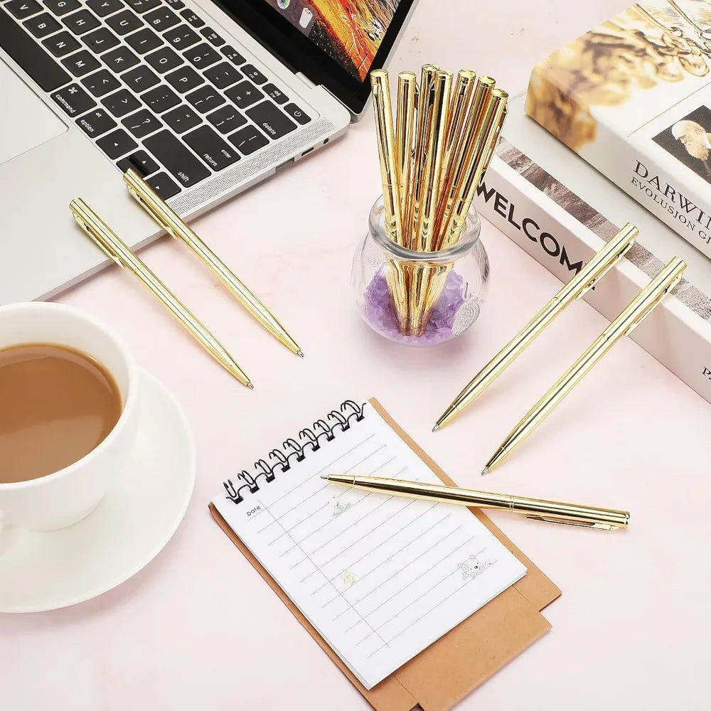 100 Pcs Gold Metal Slim Ballpoint Pens, retractable with black ink (1 mm), smooth writing for office, weddings, and gifts.