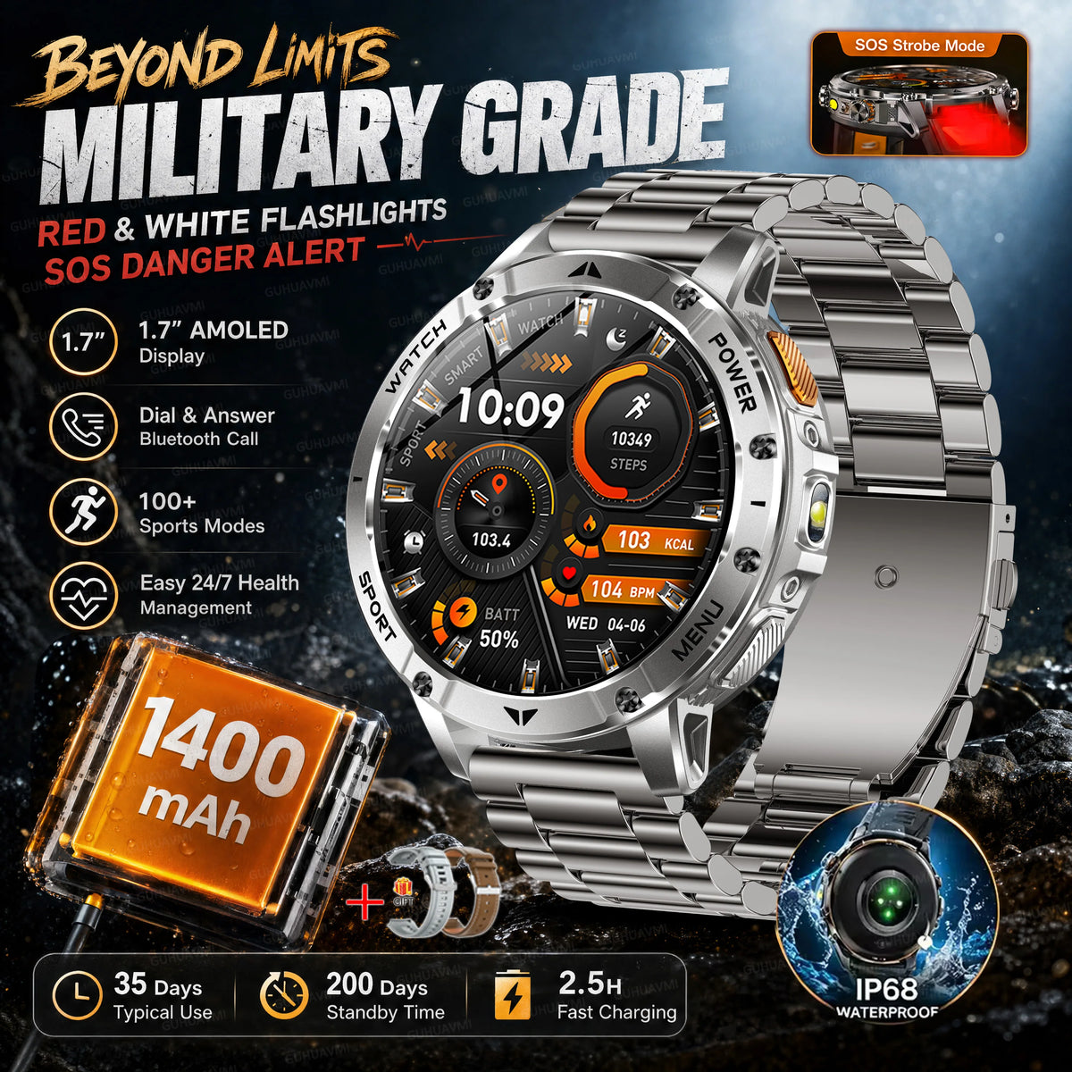 Military Smartwatch With Flashlight, Waterproof Design And Heart Rate Tracking