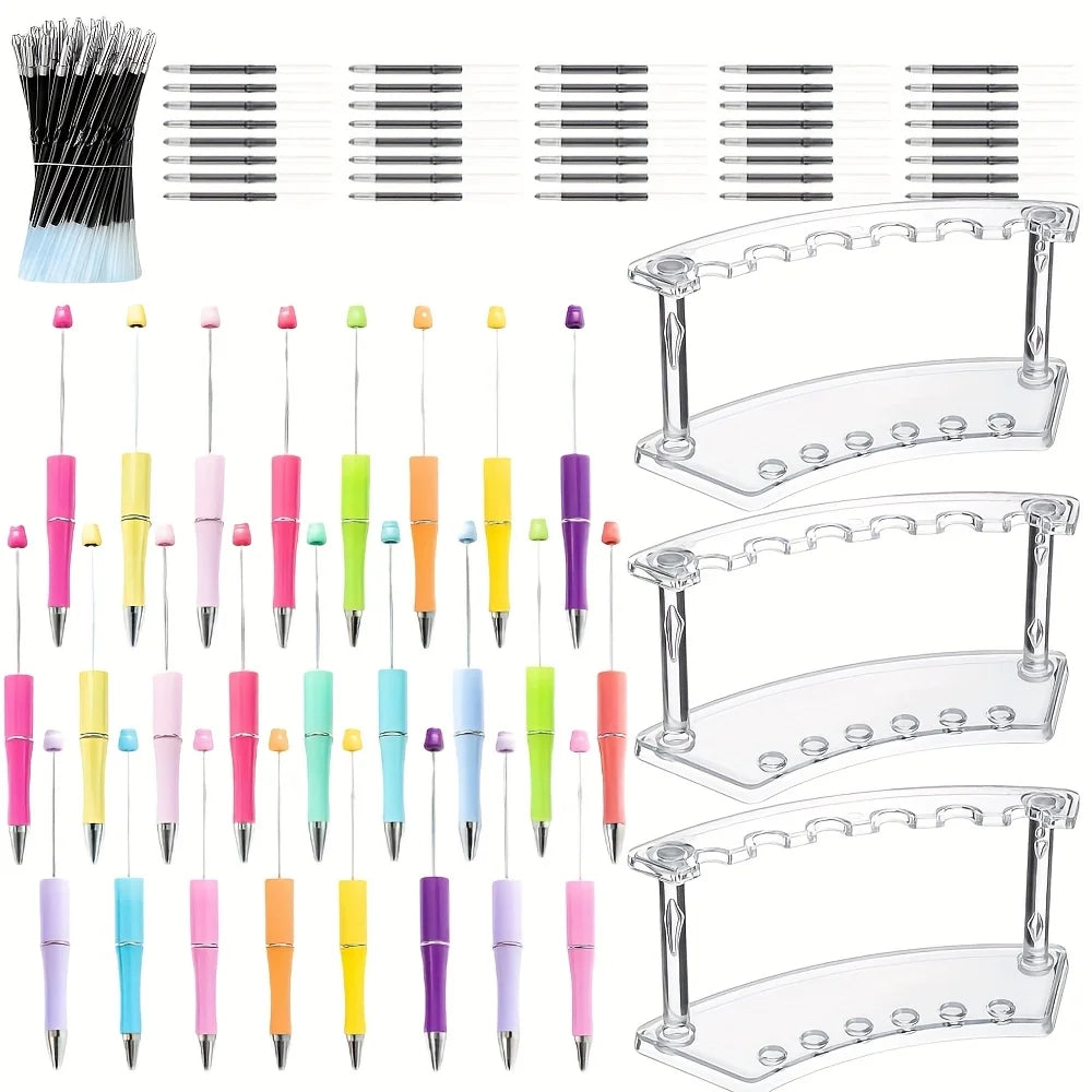 78 pcs Ballpoint Pen Set for Office Gifts, 25 Beadable Pens, 50 Refills, 3 Plastic Pen Display Rack, Essential Office Supplies