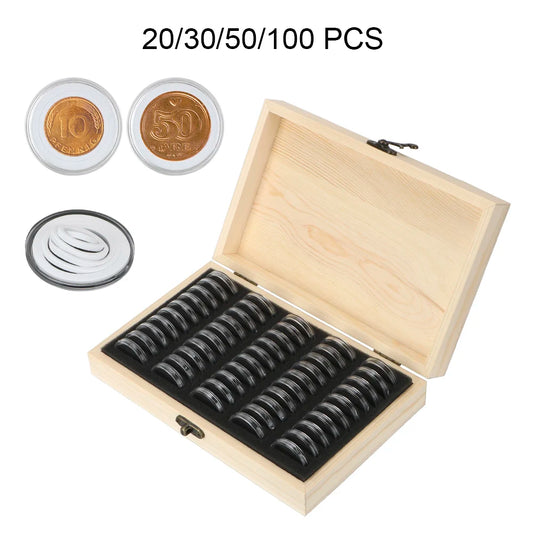 Wooden Coin Storage Box Adjustable Pad Holds 20 To 100