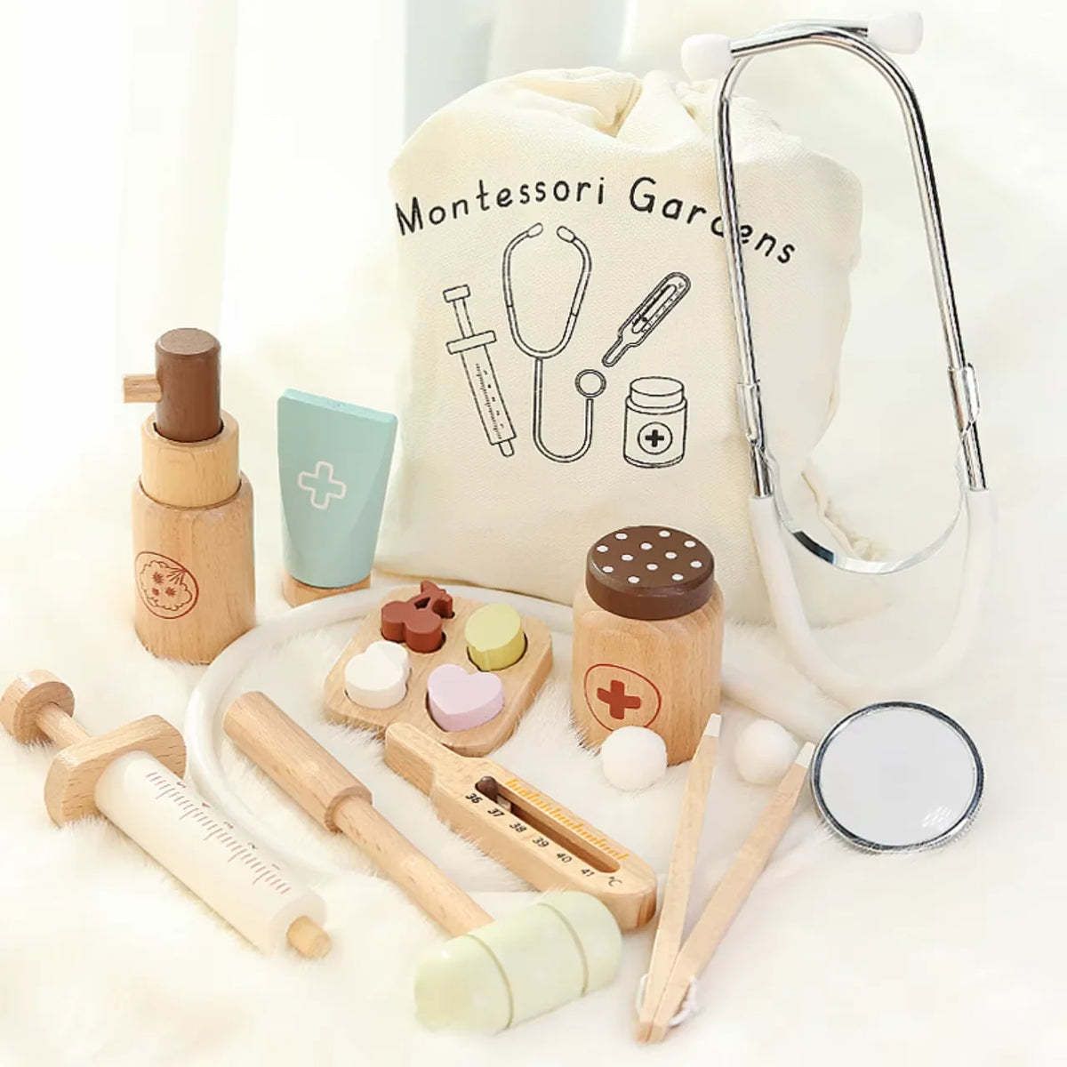 Wooden Doctor Pretend Play Kit With Stethoscope And Medical Tools