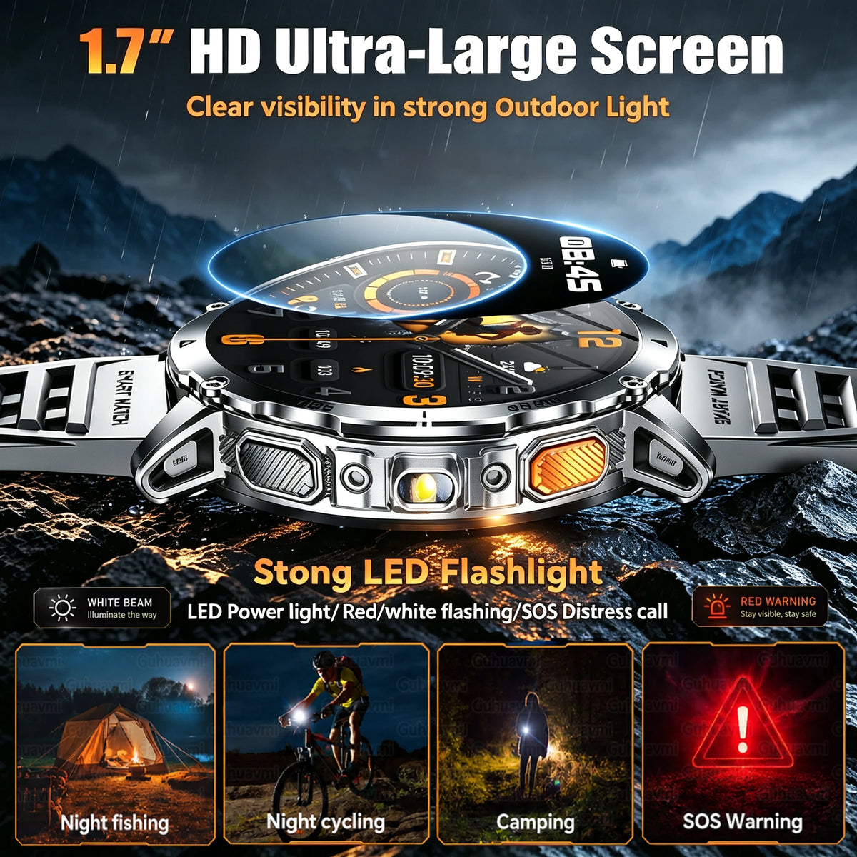 Military Smartwatch With Flashlight, Waterproof Design And Heart Rate Tracking