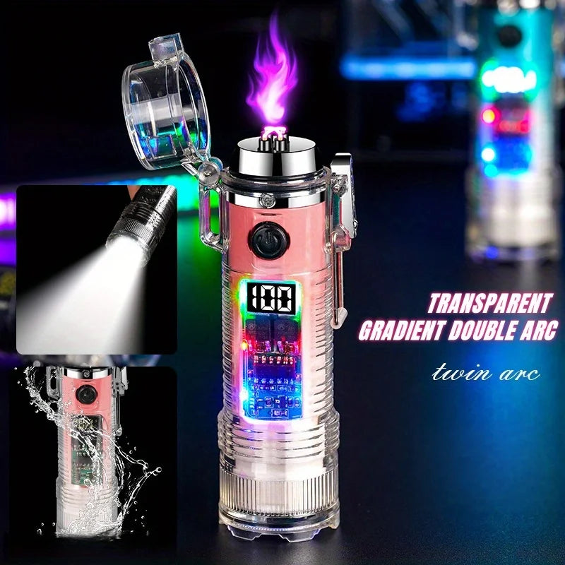 Transparent Cylindrical Electronic Pulse Lighter Flameless Arc Lighter with Flashlight Type-C Windproof Plasma Lighter Mens Gift