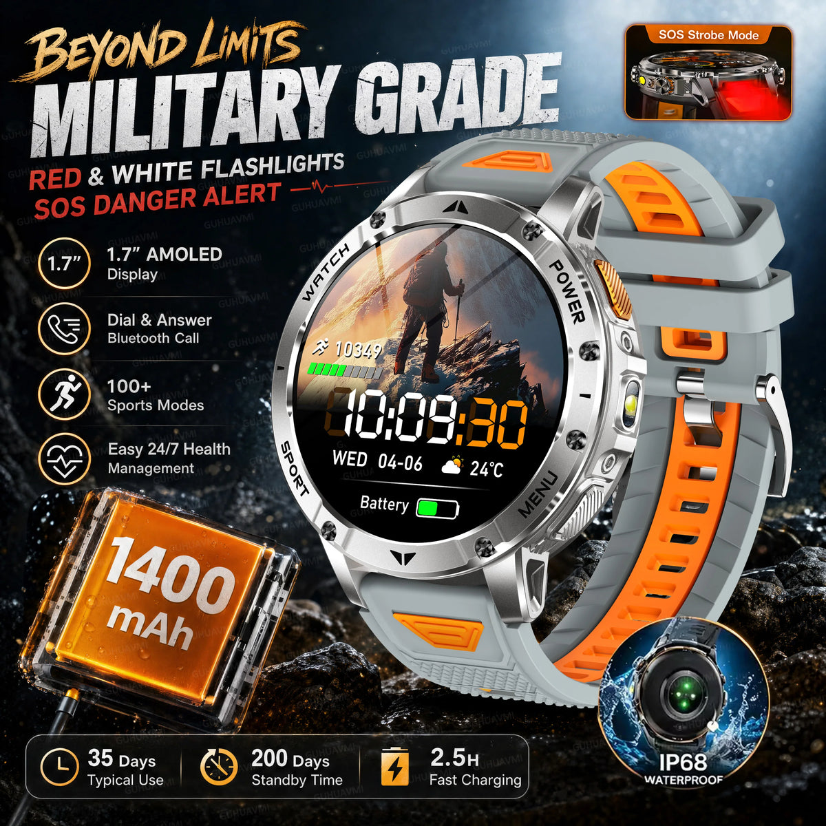 Military Smartwatch With Flashlight, Waterproof Design And Heart Rate Tracking