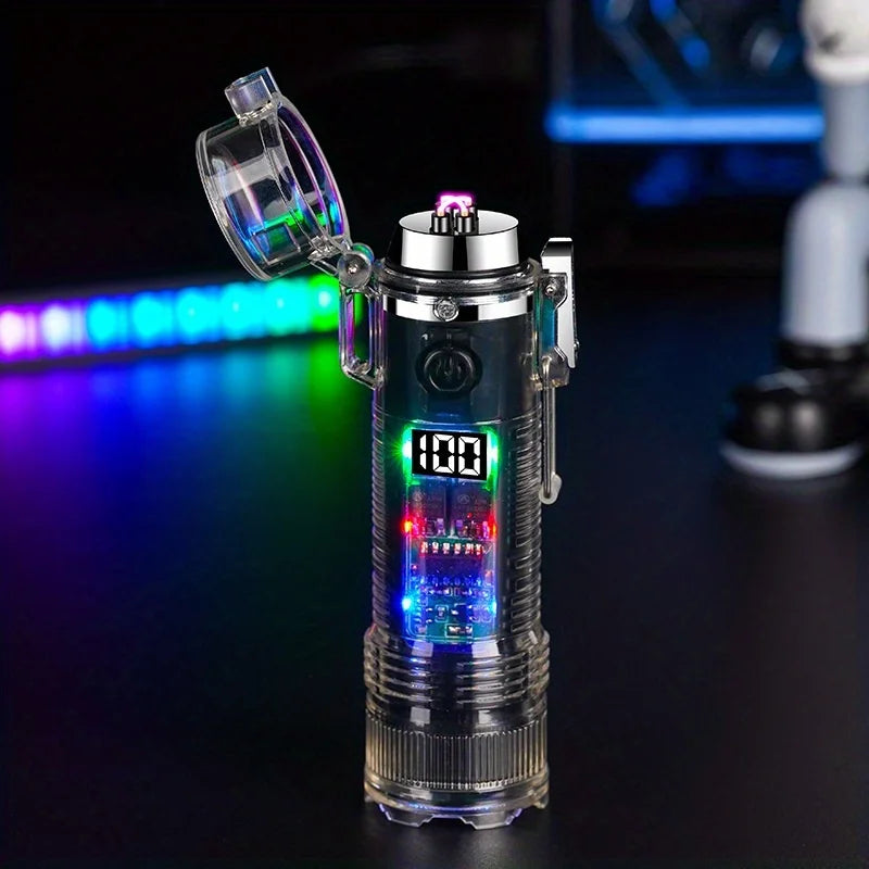 Transparent Cylindrical Electronic Pulse Lighter Flameless Arc Lighter with Flashlight Type-C Windproof Plasma Lighter Mens Gift