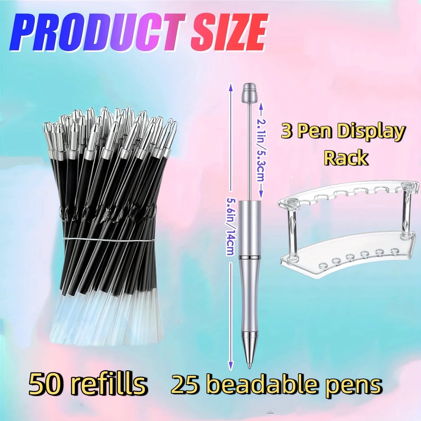 78 pcs Ballpoint Pen Set for Office Gifts, 25 Beadable Pens, 50 Refills, 3 Plastic Pen Display Rack, Essential Office Supplies