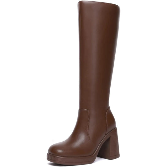 Black Knee High Boots for Women Platform Tall Boots Fashion Square Toe Chunky Heeled Booties