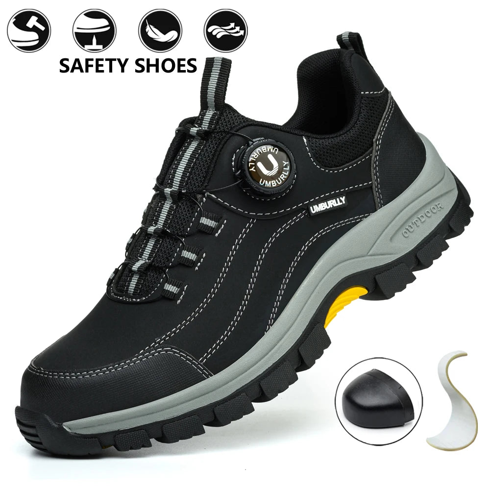 Men's Safety Shoes Steel Toe Anti-smash Anti-puncture Kevlar Midsole Slip-resistant Side Buckle Work Shoes