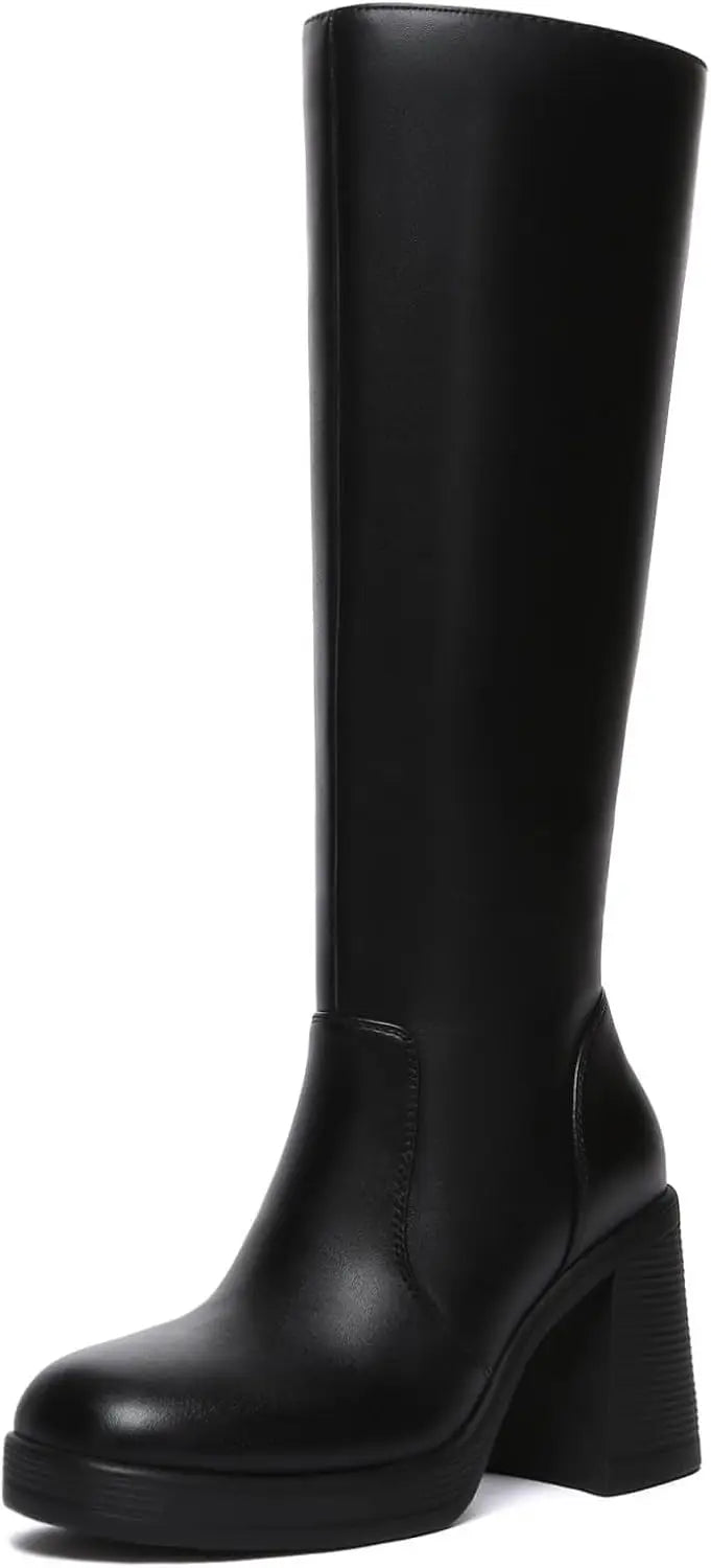 Black Knee High Boots for Women Platform Tall Boots Fashion Square Toe Chunky Heeled Booties