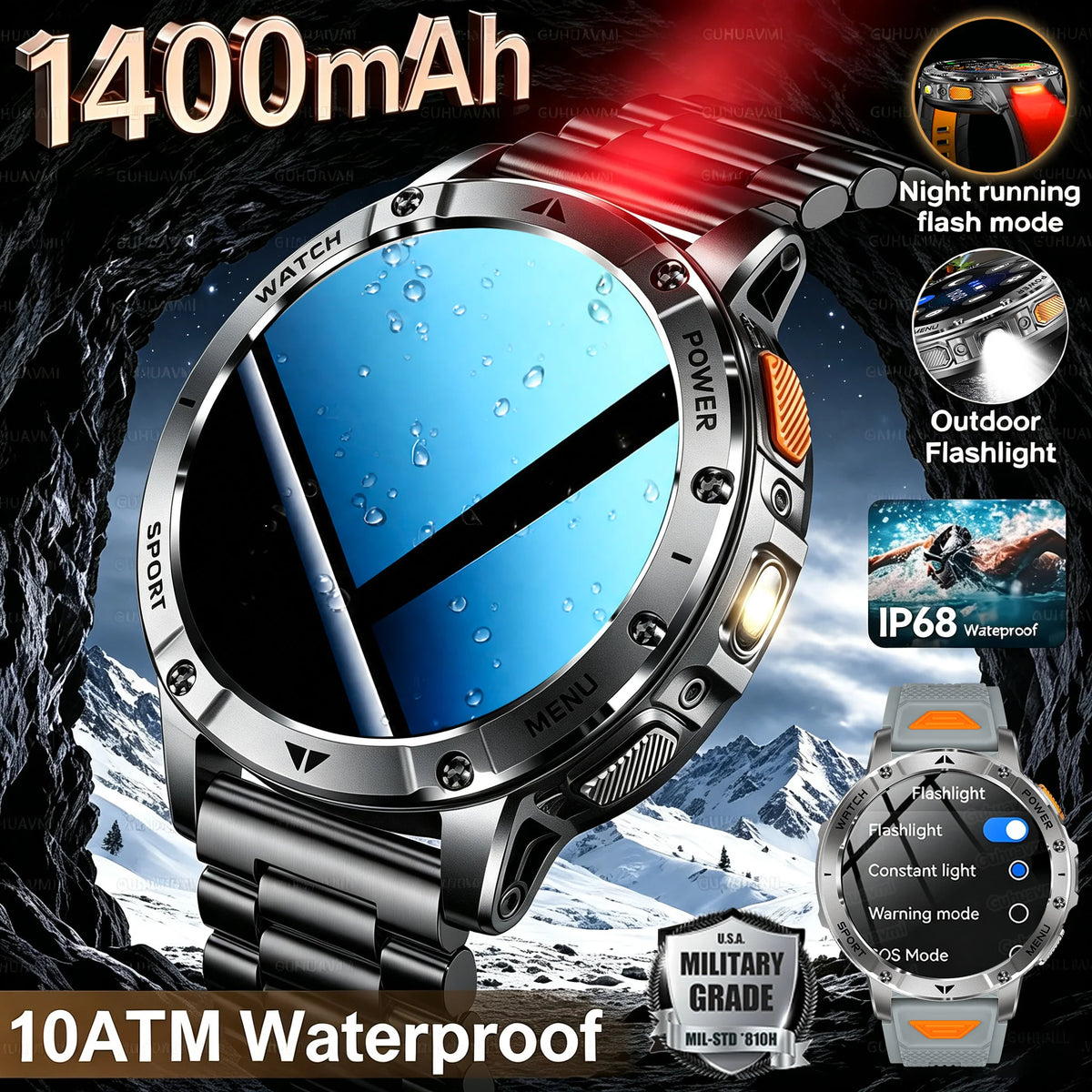 Military Smartwatch With Flashlight, Waterproof Design And Heart Rate Tracking