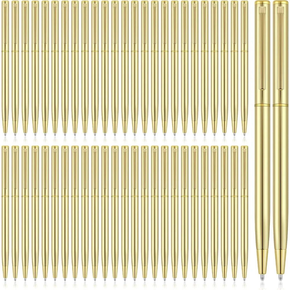 100 Pcs Gold Metal Slim Ballpoint Pens, retractable with black ink (1 mm), smooth writing for office, weddings, and gifts.