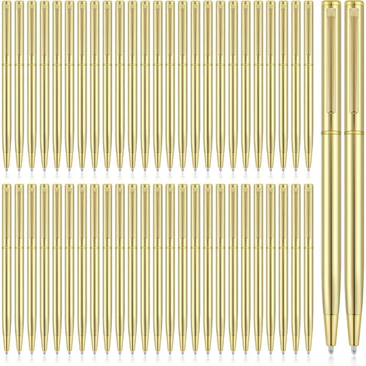 100 Pcs Gold Metal Slim Ballpoint Pens, retractable with black ink (1 mm), smooth writing for office, weddings, and gifts.
